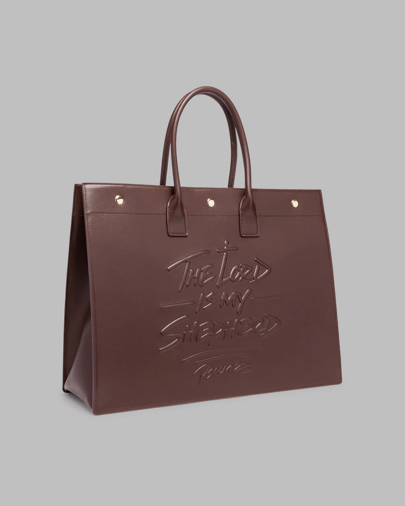 Psalm 23 Large Tote Bag Genuine Leather - Chocolate Brown