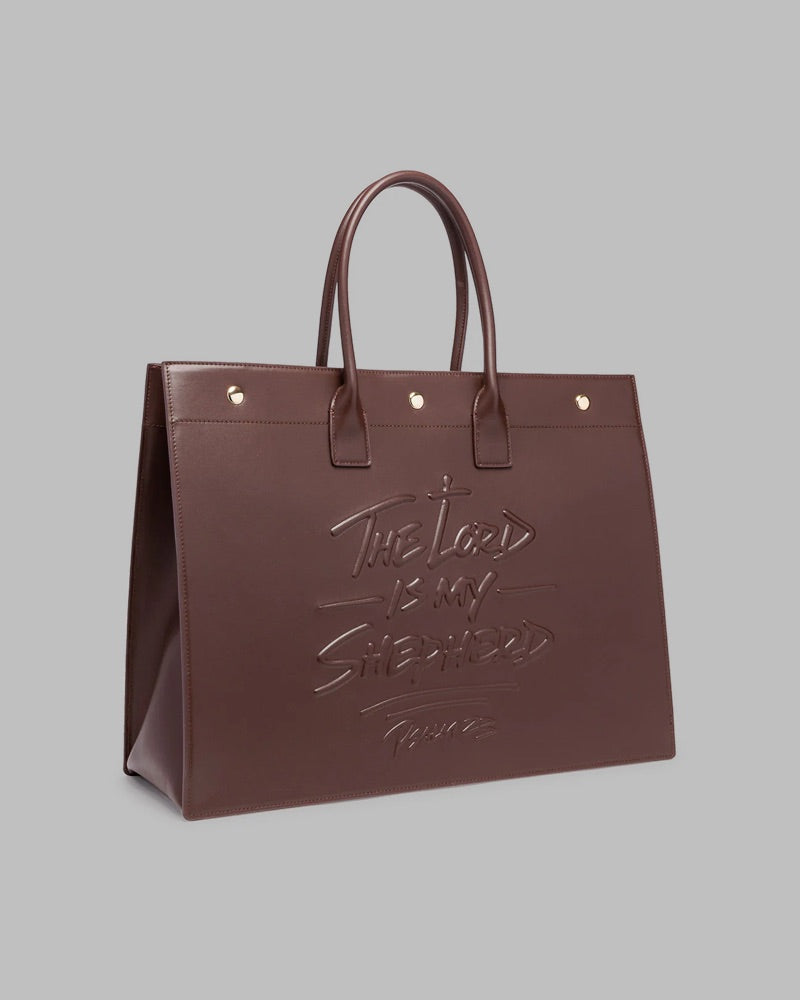 316collection Psalm 23 Large Tote Bag Genuine Leather - Chocolate Brown